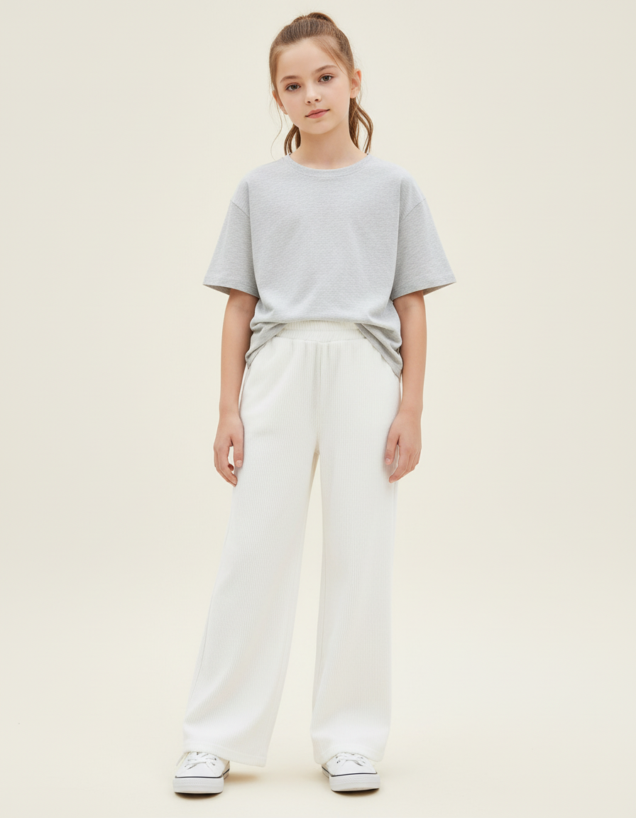 Pantalon Blanc Côtelé Ample Décontracté Enfant