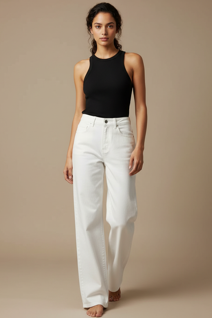 Pantalon Blanc Large Denim Taille Haute Femme - Jean