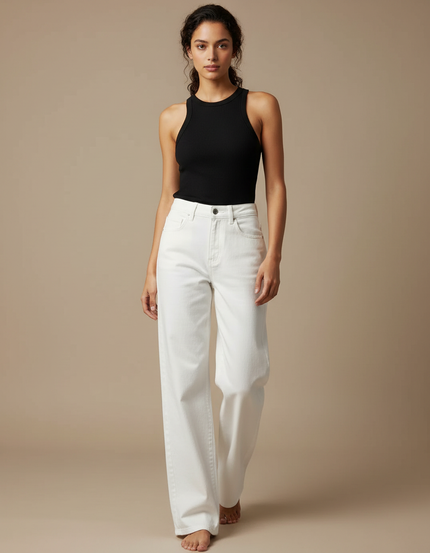 Pantalon Blanc Large Denim Taille Haute Femme - Jean