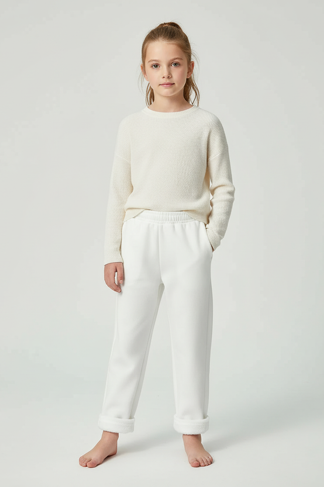Pantalon Blanc Molletonné Élastique Confortable Fille Hiver