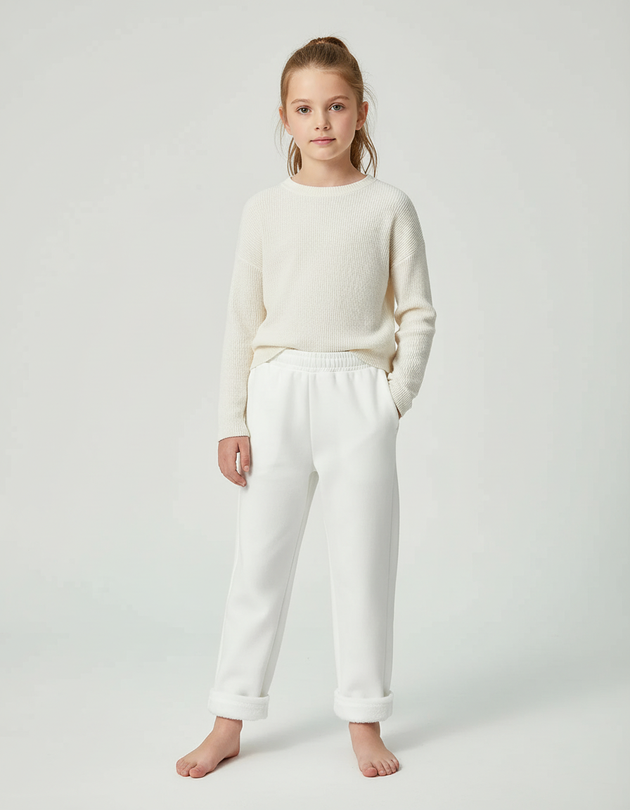 Pantalon Blanc Molletonné Élastique Confortable Fille Hiver