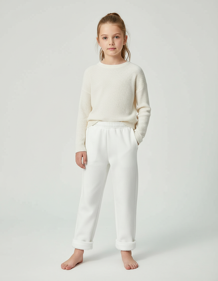 Pantalon Blanc Molletonné Élastique Confortable Fille Hiver