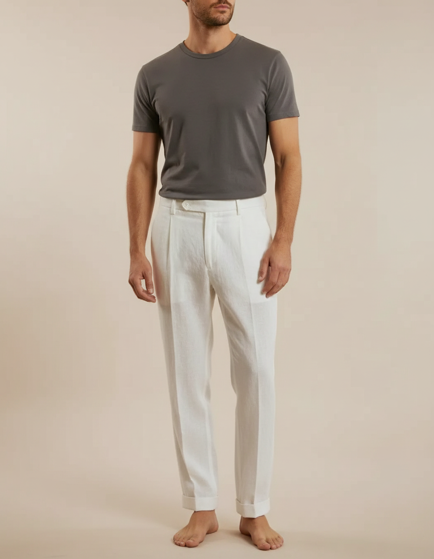 Pantalon À Pince Blanc Homme - Lin