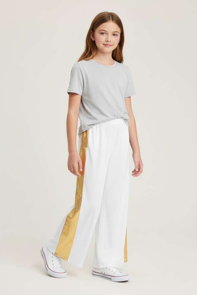 Pantalon Blanc Bande Latérale Dorée Fille Évasé - Polyester