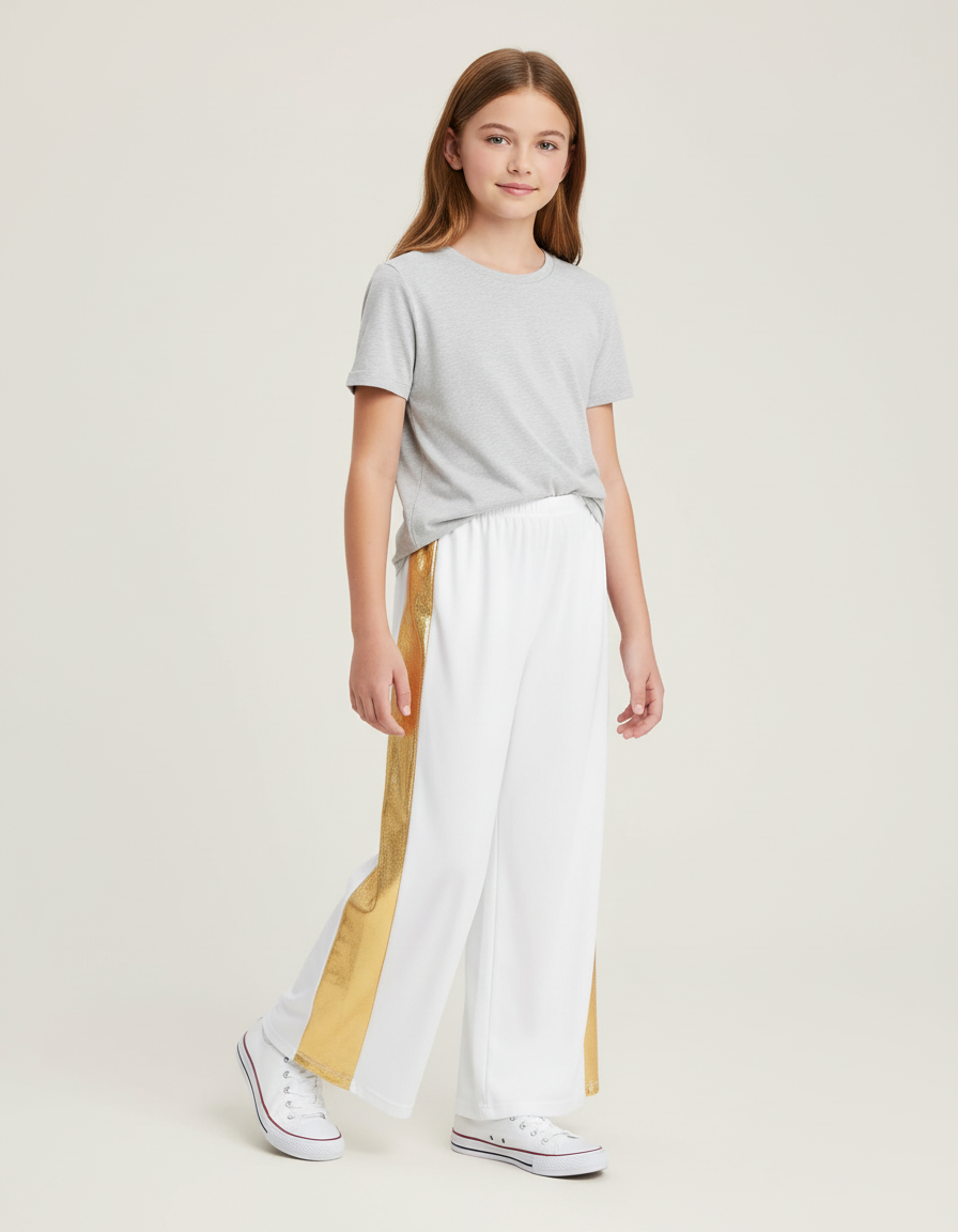 Pantalon Blanc Bande Latérale Dorée Fille Évasé - Polyester