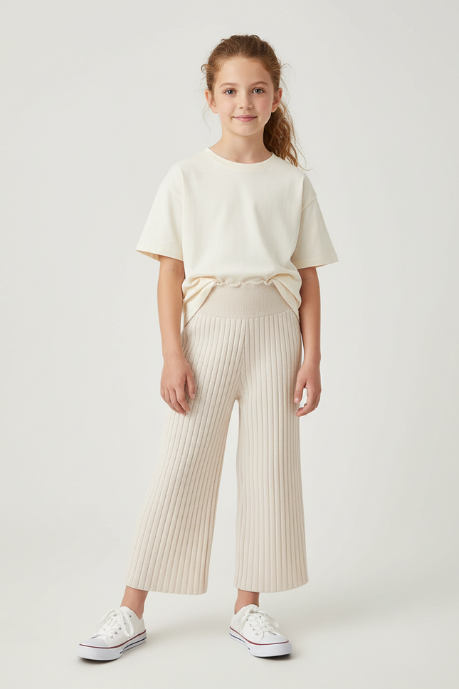 Pantalon Blanc Côtelé Ample Tricoté Enfant - Beige Maille