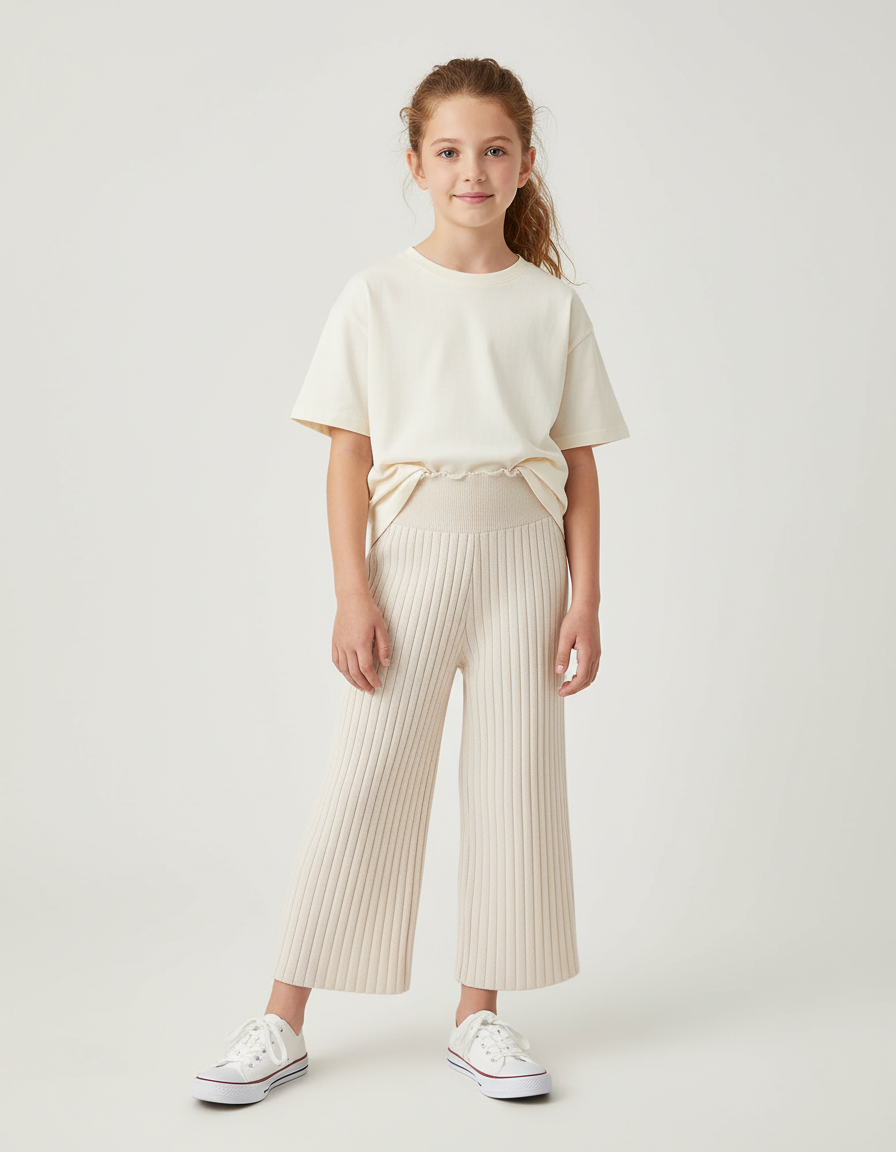 Pantalon Blanc Côtelé Ample Tricoté Enfant - Beige Maille