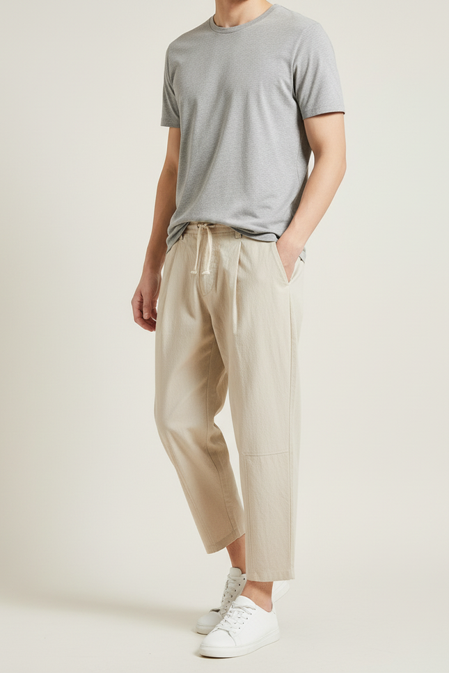 Pantalon Blanc Lin Ample Décontracté Homme Estival - Beige