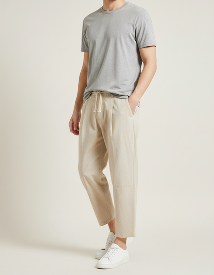 Pantalon Blanc Lin Ample Décontracté Homme Estival - Beige