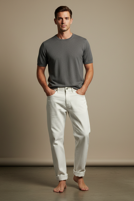 Pantalon Blanc Écru Droit Décontracté Coton Homme - Jean