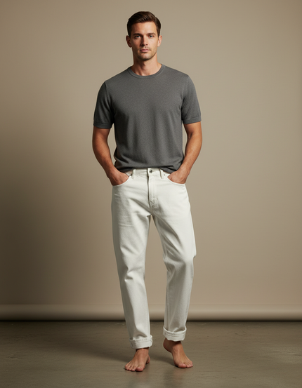Pantalon Blanc Écru Droit Décontracté Coton Homme - Jean