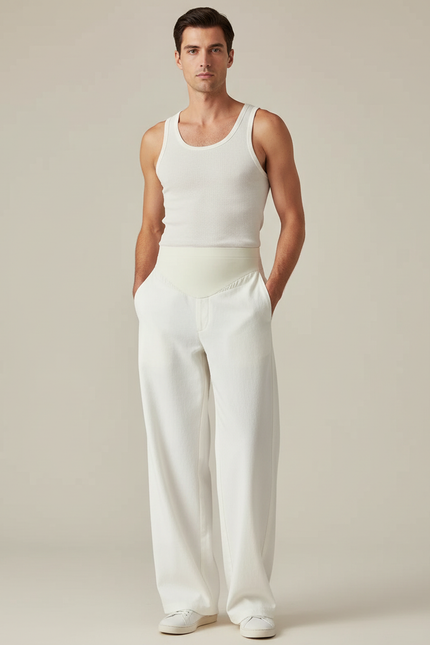 Pantalon Blanc Ample Droit Taille Haute Élégant - Toile
