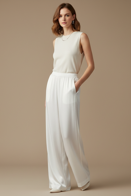 Pantalon Blanc Fluide Ample Satiné Élégant Femme