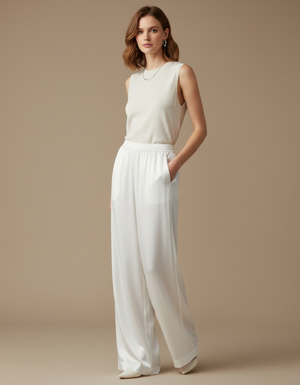 Pantalon Blanc Fluide Ample Satiné Élégant Femme