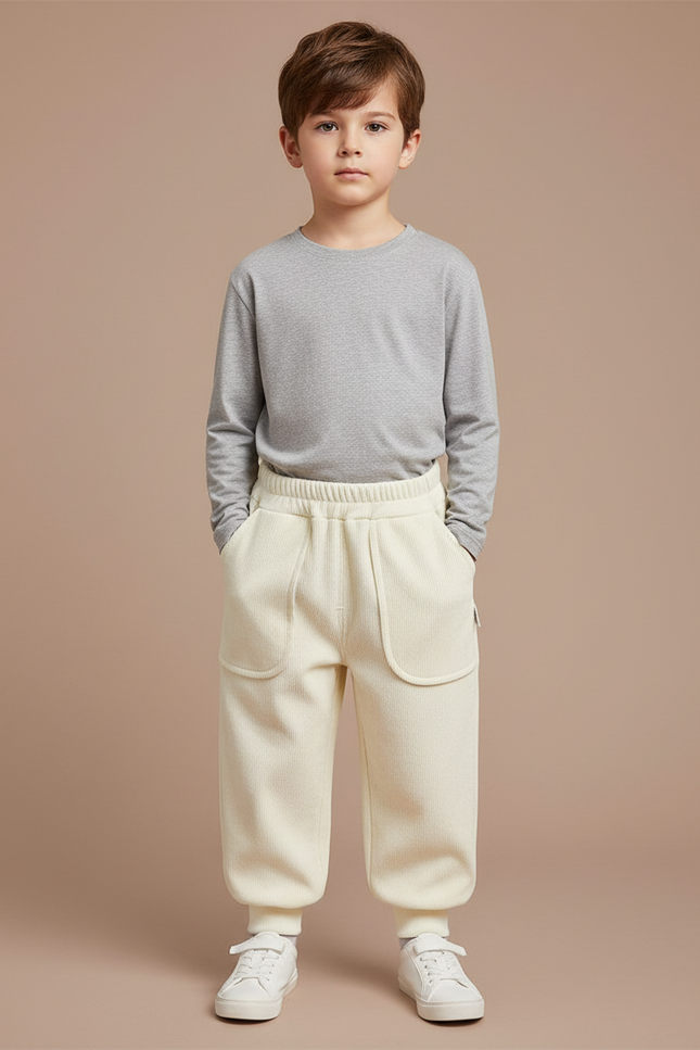 Pantalon Blanc Côtelé Ample Épais Hiver Enfant - Beige Cordé