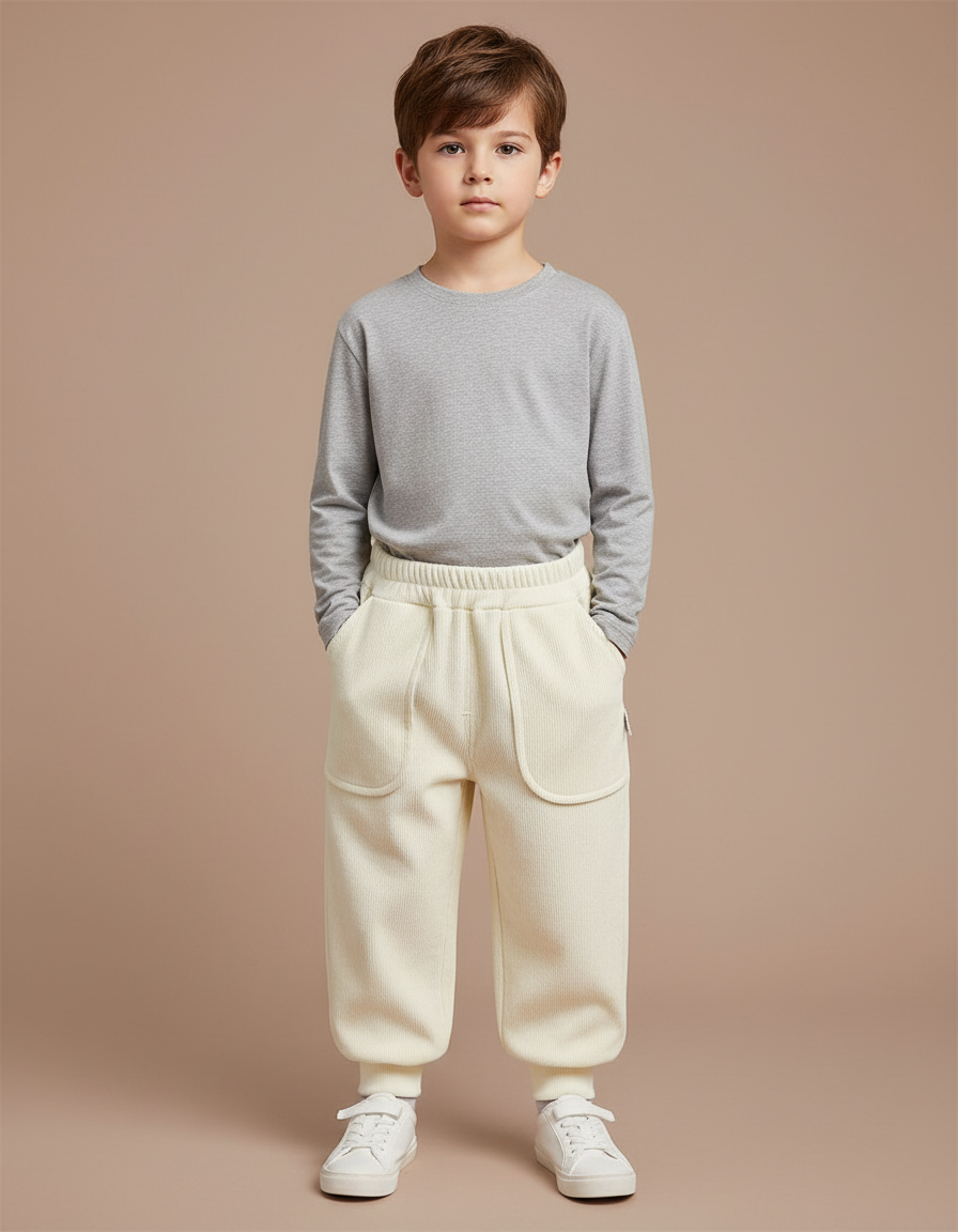 Pantalon Blanc Côtelé Ample Épais Hiver Enfant - Beige Cordé