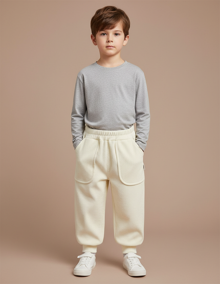Pantalon Blanc Côtelé Ample Épais Hiver Enfant - Beige Cordé