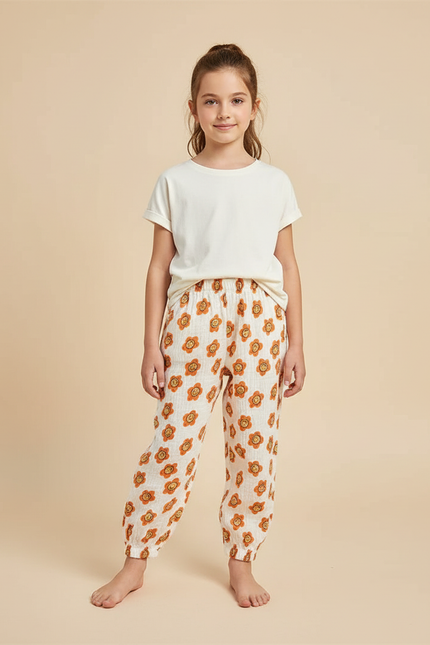 Pantalon Blanc Mousseline Imprimé Smiley Enfant Décontracté - Coton
