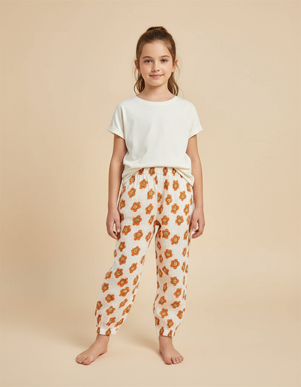 Pantalon Blanc Mousseline Imprimé Smiley Enfant Décontracté - Coton