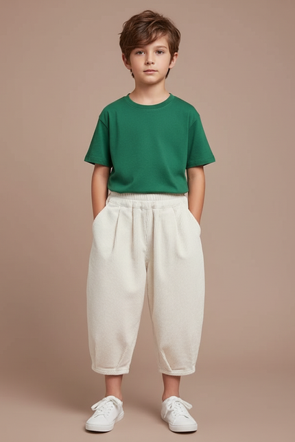 Pantalon Blanc Côtelé Ample Décontracté Enfant Mixte - Cordé