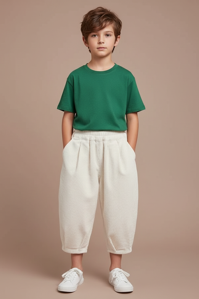 Pantalon Blanc Côtelé Ample Décontracté Enfant Mixte - Cordé