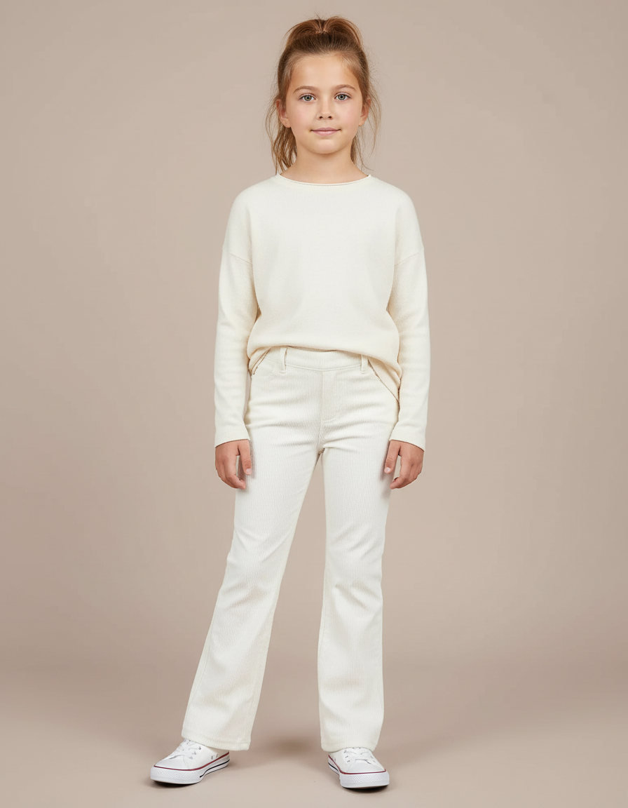 Pantalon Blanc Côtelé Évasé Enfant Décontracté - Cordé