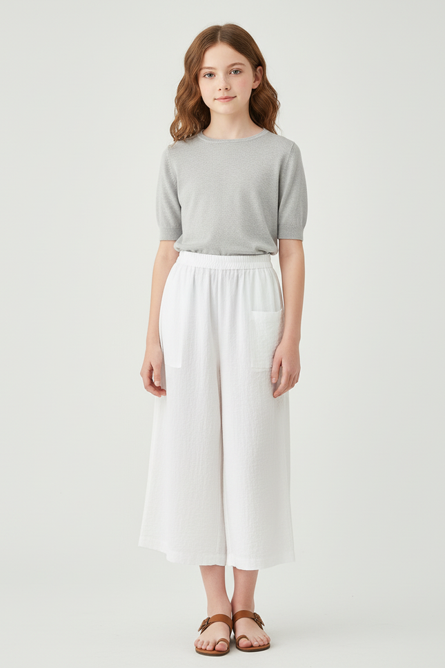 Pantalon Blanc Ample Texturé Décontracté Fille - Lin