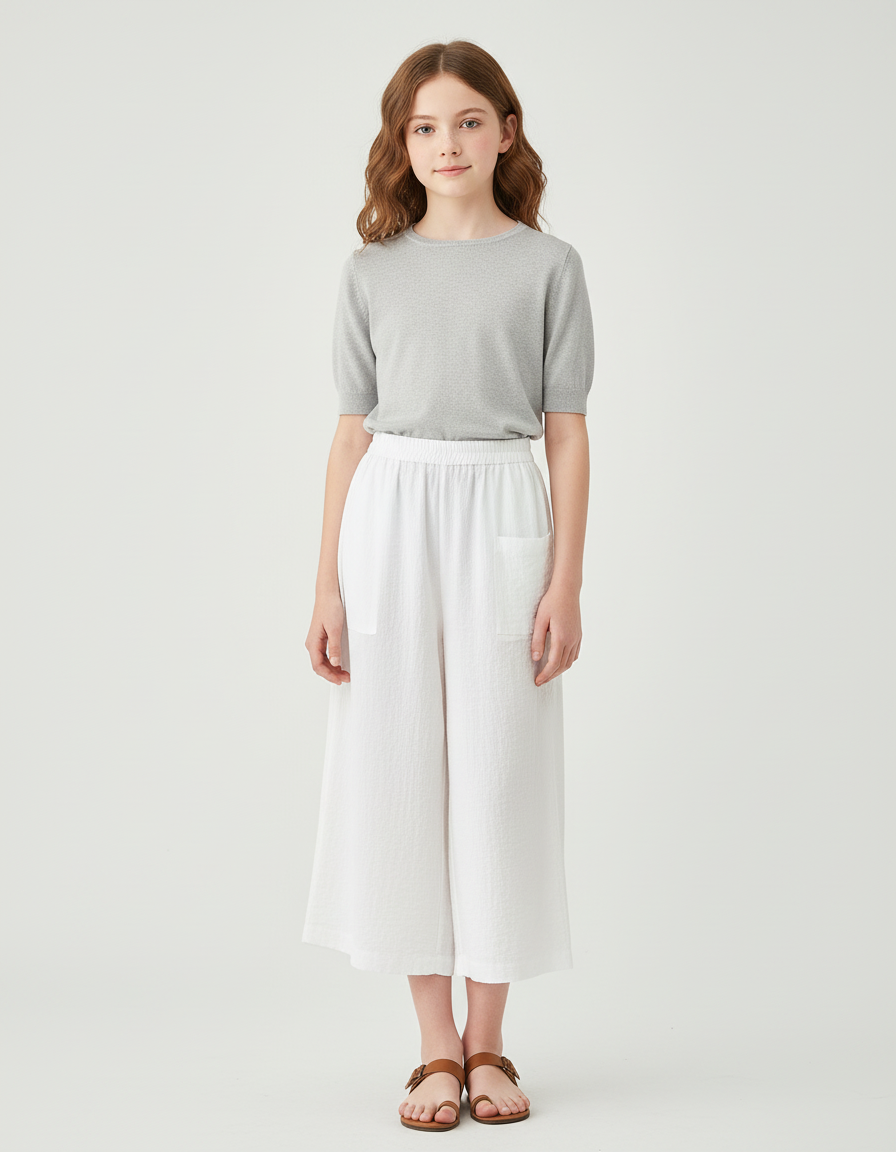 Pantalon Blanc Ample Texturé Décontracté Fille - Lin