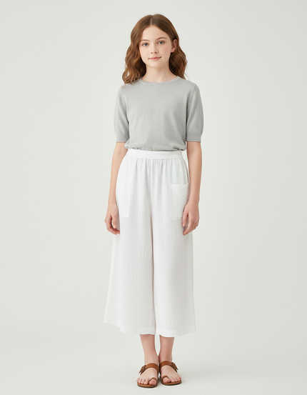 Pantalon Blanc Ample Texturé Décontracté Fille - Lin