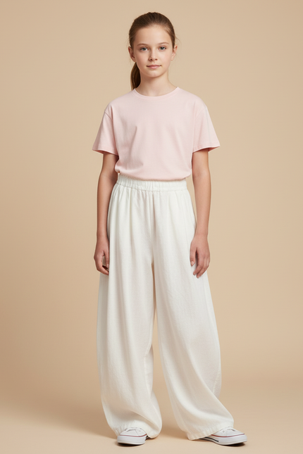 Pantalon Blanc Ample Fluide Coton Fille Décontracté