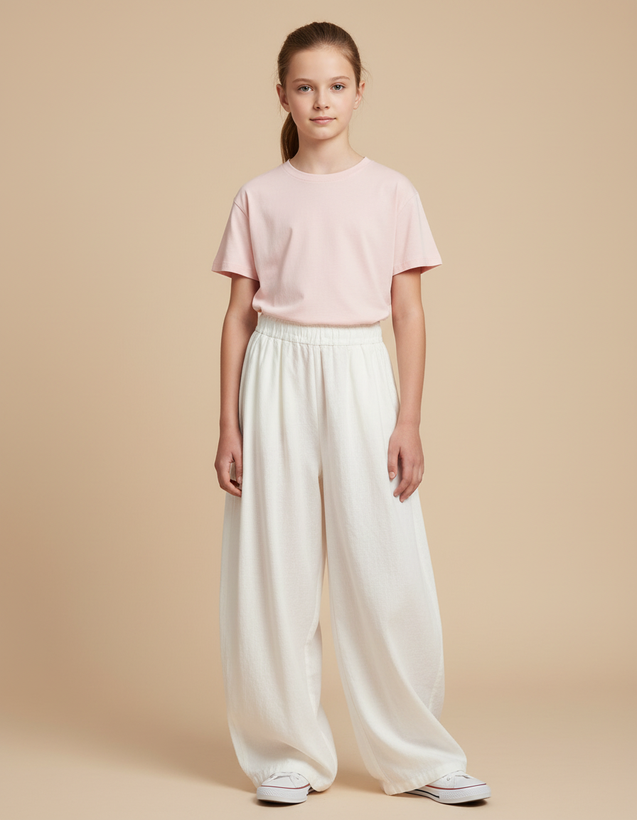Pantalon Blanc Ample Fluide Coton Fille Décontracté