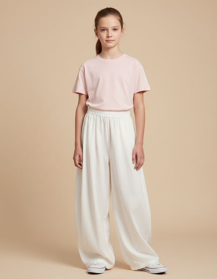 Pantalon Blanc Ample Fluide Coton Fille Décontracté