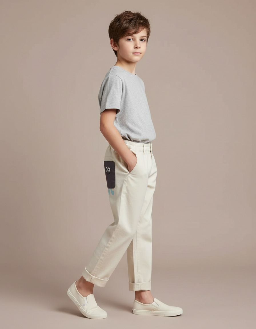 Pantalon Blanc Enfant Coton Décontracté Garçon Mignon - Beige