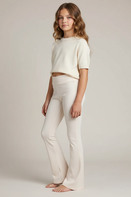 Pantalon Blanc Côtelé Évasé Taille Haute Fille - Beige Maille