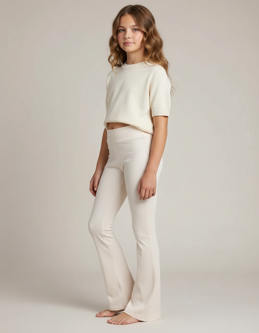 Pantalon Blanc Côtelé Évasé Taille Haute Fille - Beige Maille