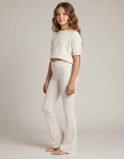 Pantalon Blanc Côtelé Évasé Taille Haute Fille - Beige Maille