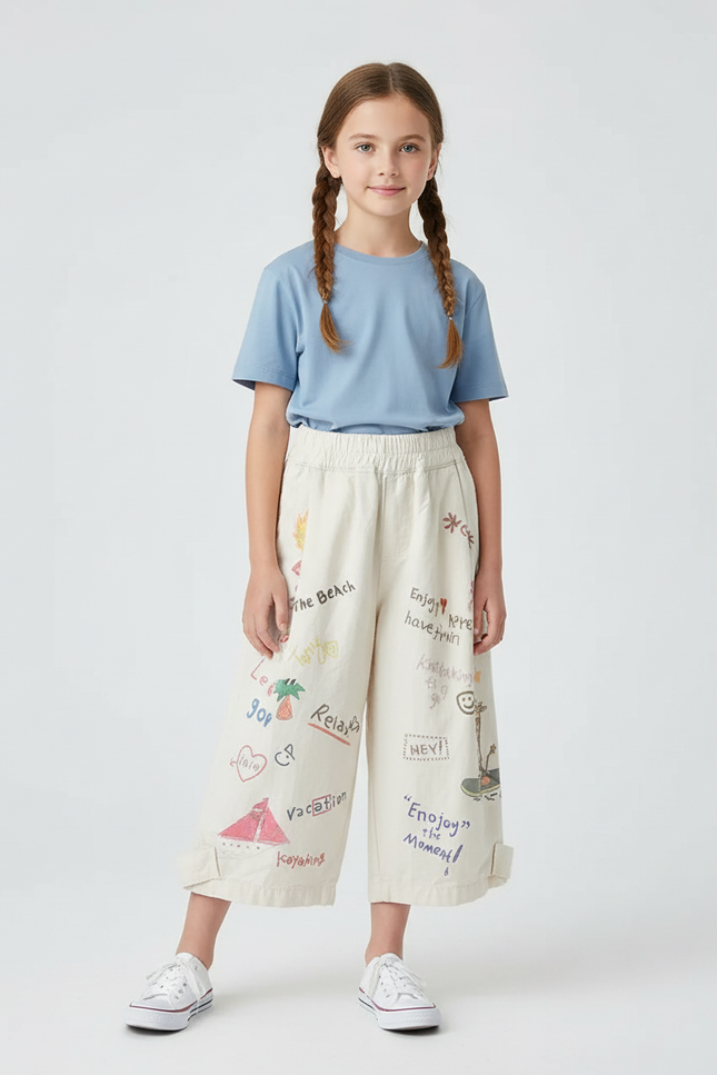 Pantalon Blanc Coton Ample Imprimé Dessins Enfant - Beige