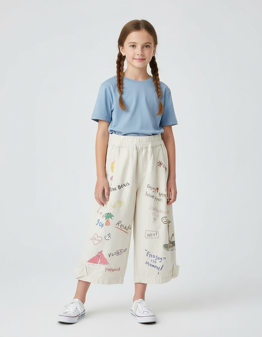 Pantalon Blanc Coton Ample Imprimé Dessins Enfant - Beige