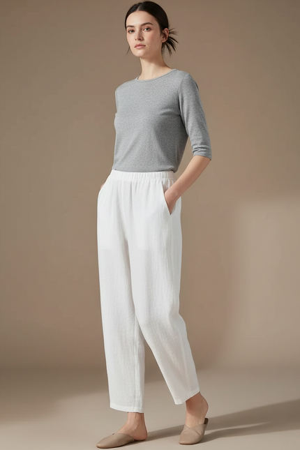 Pantalon Blanc Lin Ample Décontracté Fluide