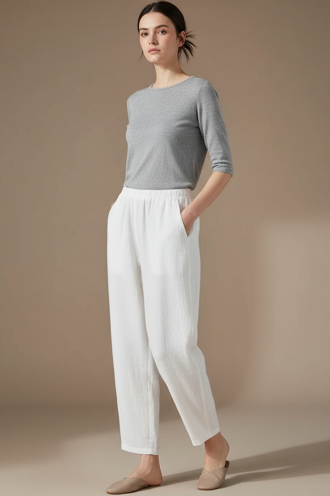 Pantalon Blanc Lin Ample Décontracté Fluide