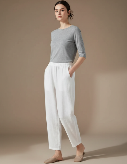 Pantalon Blanc Lin Ample Décontracté Fluide
