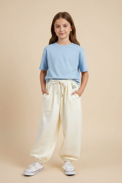 Pantalon Blanc Ample Molletonné Décontracté Confortable Enfant - Beige