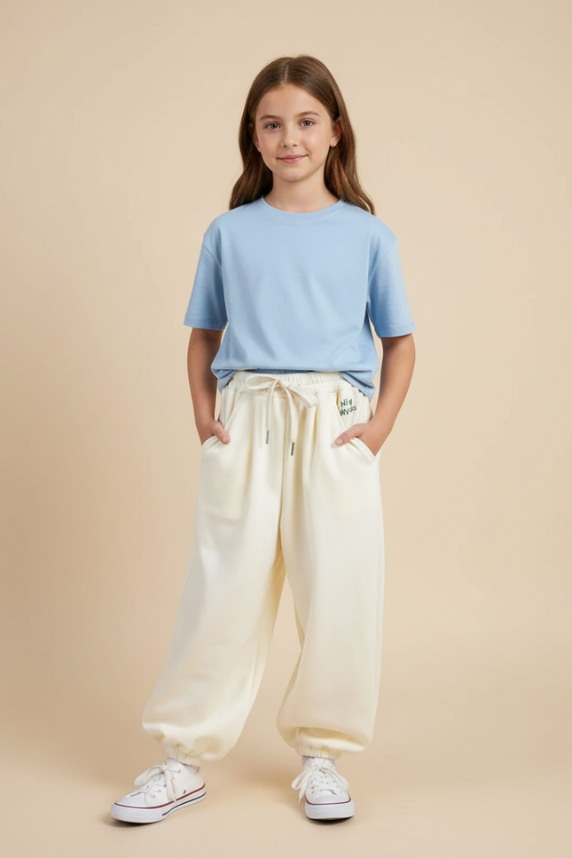 Pantalon Blanc Ample Molletonné Décontracté Confortable Enfant - Beige