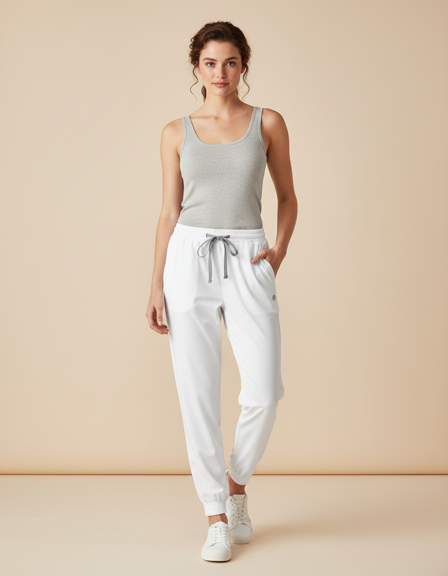 Pantalon Blanc Jogger Cordon Élastique Confortable Femme - Polyester