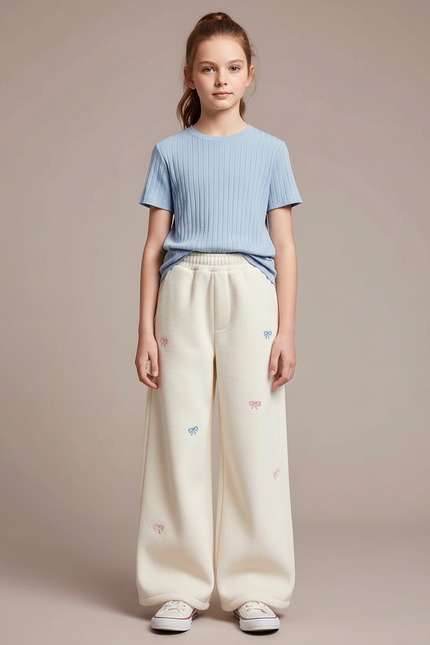 Pantalon Blanc Ample Brodé Doux Hiver Enfant - Molleton