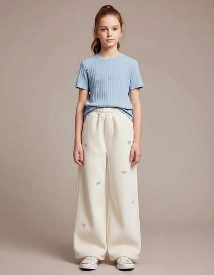 Pantalon Blanc Ample Brodé Doux Hiver Enfant - Molleton