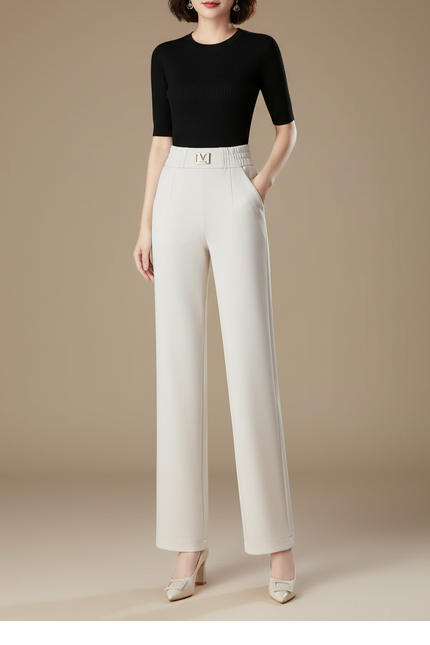 Pantalon Blanc Taille Haute Ample Élégant Fluide - Beige Maille