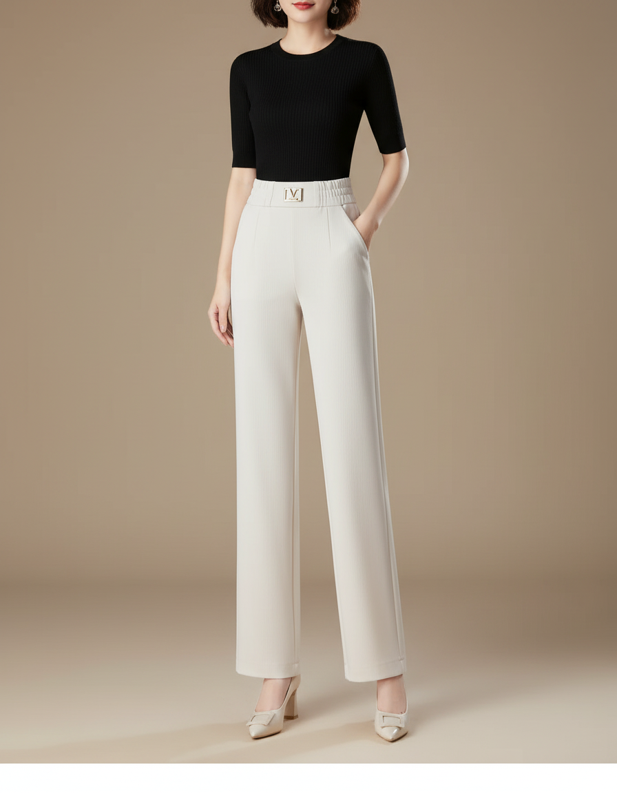 Pantalon Blanc Taille Haute Ample Élégant Fluide - Beige Maille