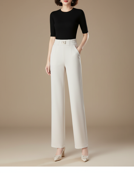 Pantalon Blanc Taille Haute Ample Élégant Fluide - Beige Maille
