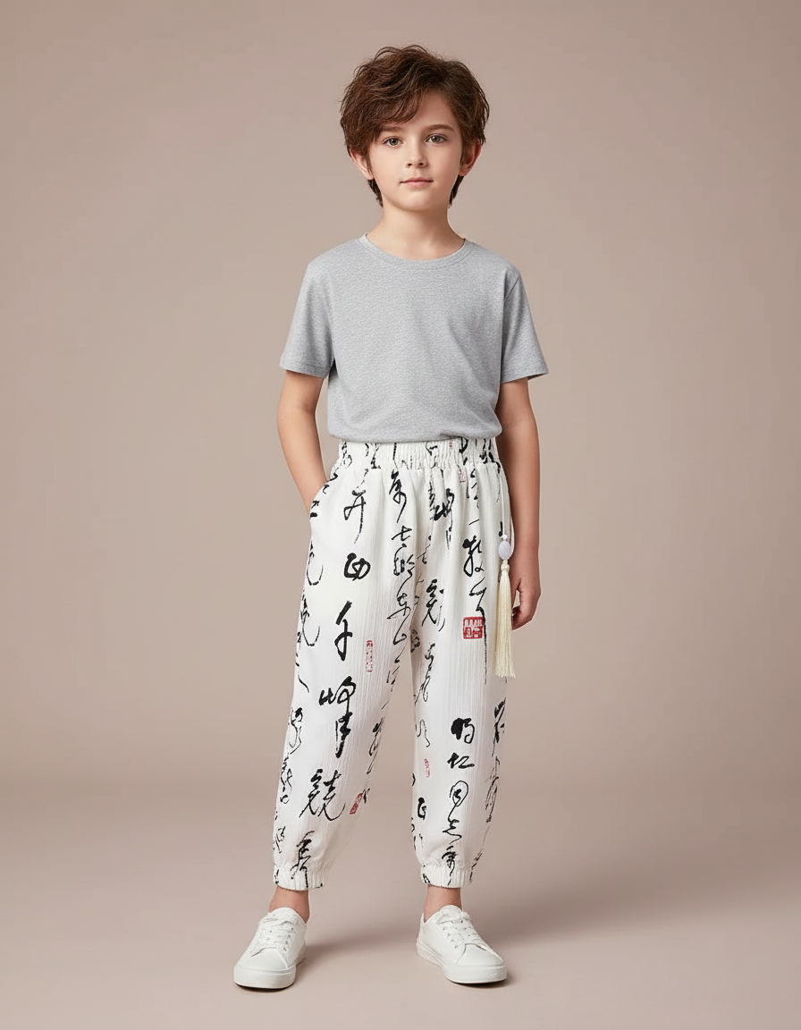 Pantalon Blanc Coton Ample Imprimé Calligraphie Enfant